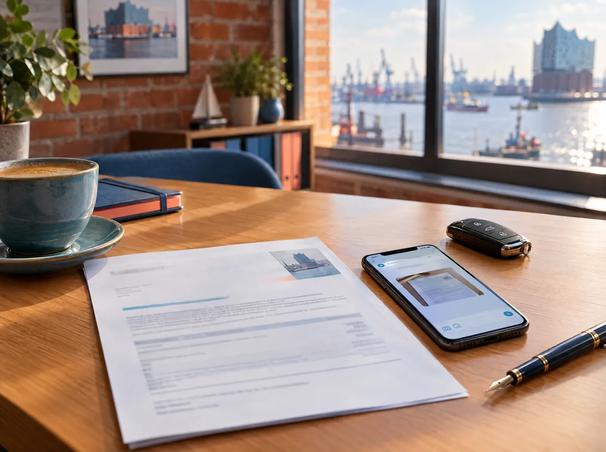 Schreibtisch im Kontor mit Beitragsbrief, Smartphone, Autoschlüssel und Kaffee, im Fenster der Hamburger Hafen