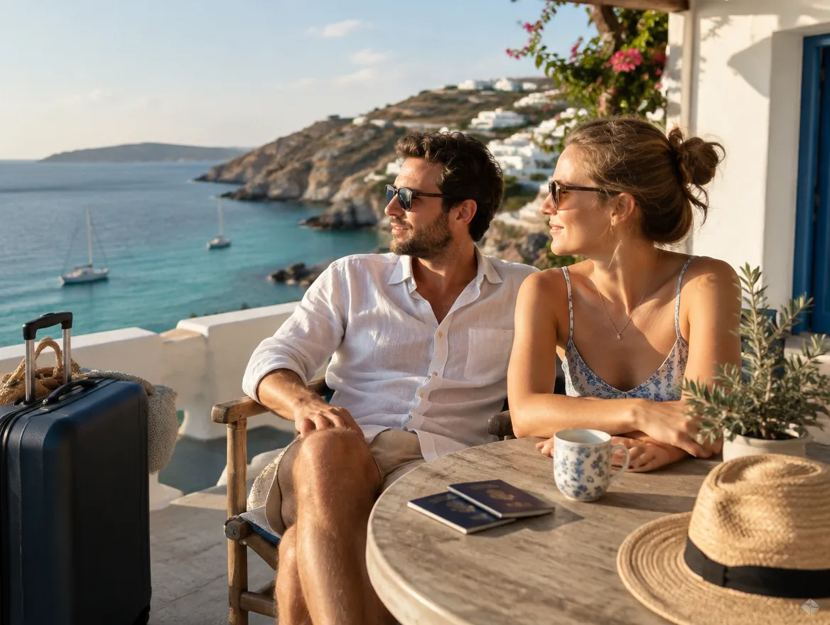 Paar auf einer sonnigen Terrasse über einer Mittelmeerbucht, daneben Koffer, Strohhut und Reisepässe
