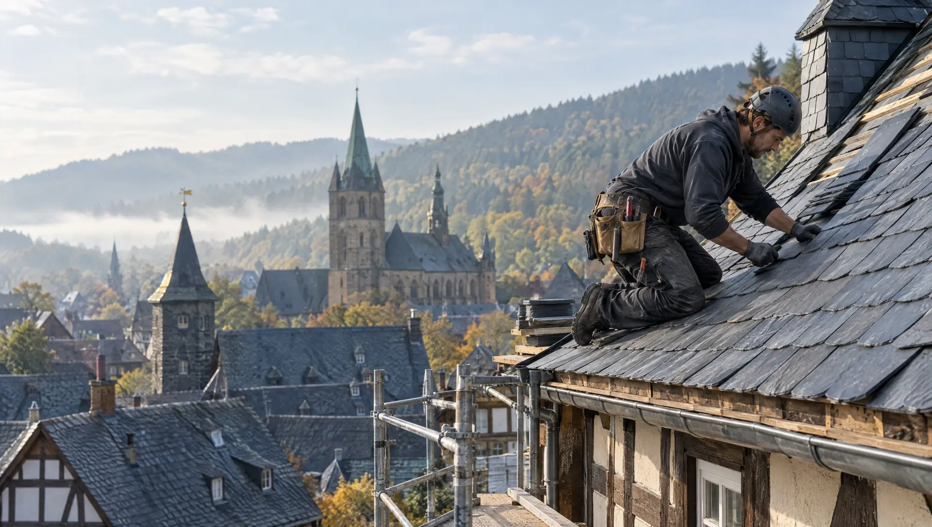 Dachdecker deckt ein Schieferdach in der Goslarer Altstadt, im Hintergrund Kirchtürme und die Harzhänge