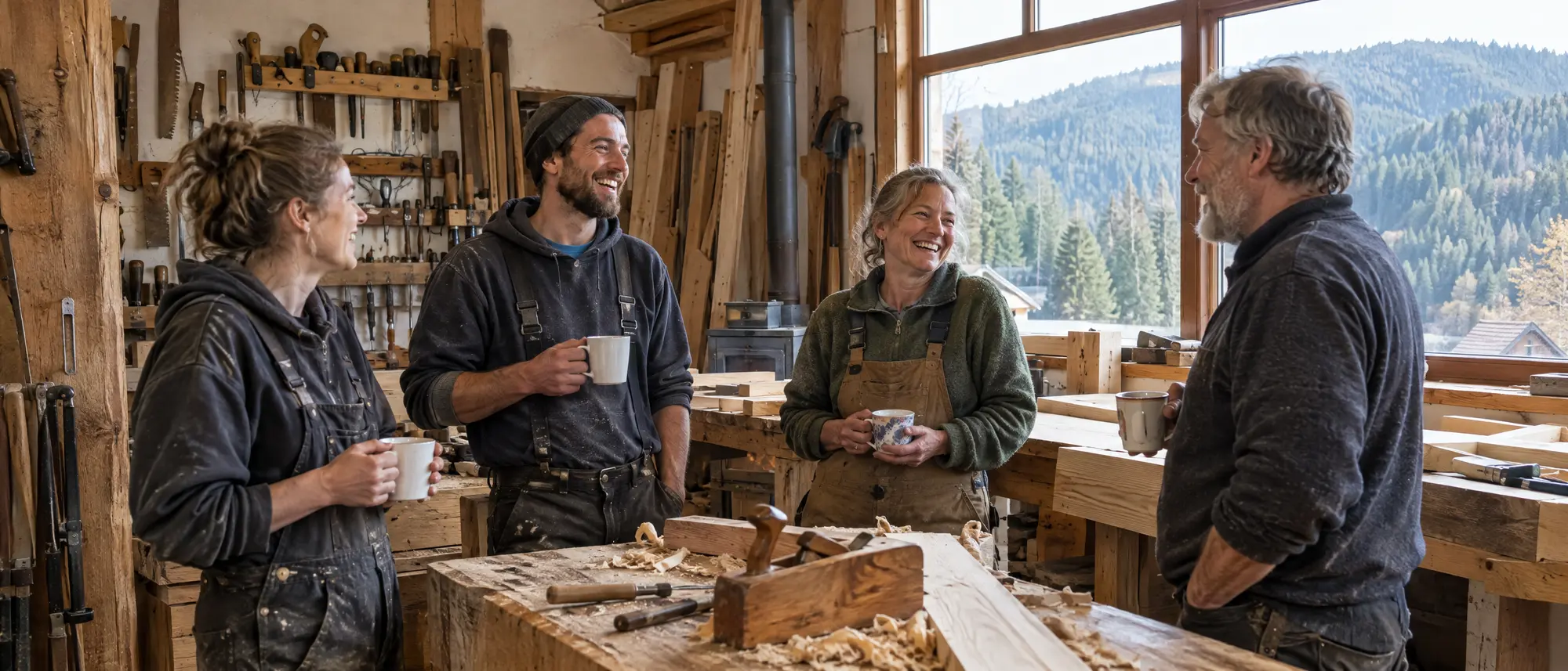 Vier Handwerkerinnen und Handwerker in einer Werkstatt im Harz bei der Kaffeepause